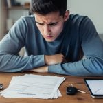 Assurance auto malussé : le guide pratique pour retrouver une couverture Conducteur examinant ses documents d'assurance auto sur une table