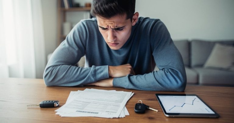 Conducteur examinant ses documents d'assurance auto sur une table