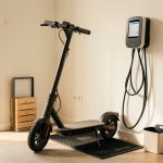 Scooter électrique en appartement : recharger sans garage au quotidien Trottinette électrique en cours de recharge dans l’entrée lumineuse d’un appartement, avec câble rangé et espace de stockage pratique.